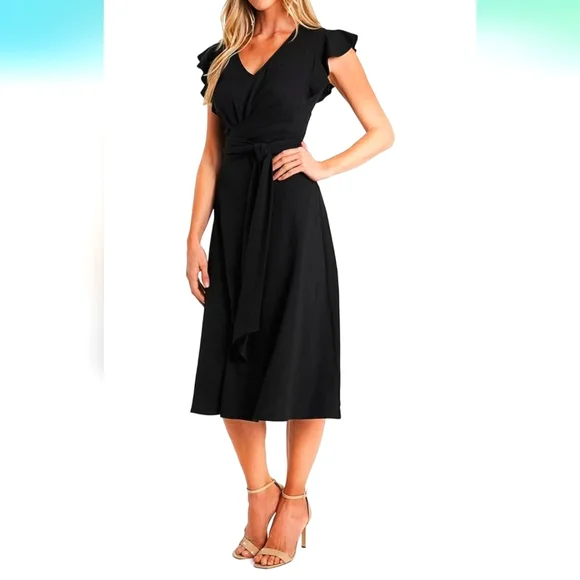 CeCe | Dresses | Cece Black Wraparound Belt Flutter Sleeve Vneck Midi Dress  Xl | Poshmark